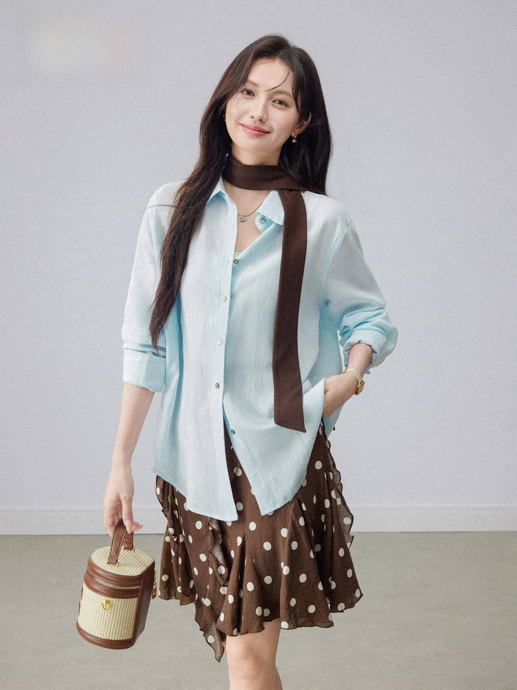 

Blue Long Sleeve Loose Commute Shirt Women's Casual Style Comfortable Fit Spring Summer New Arrival Elegant Slimming Blouse