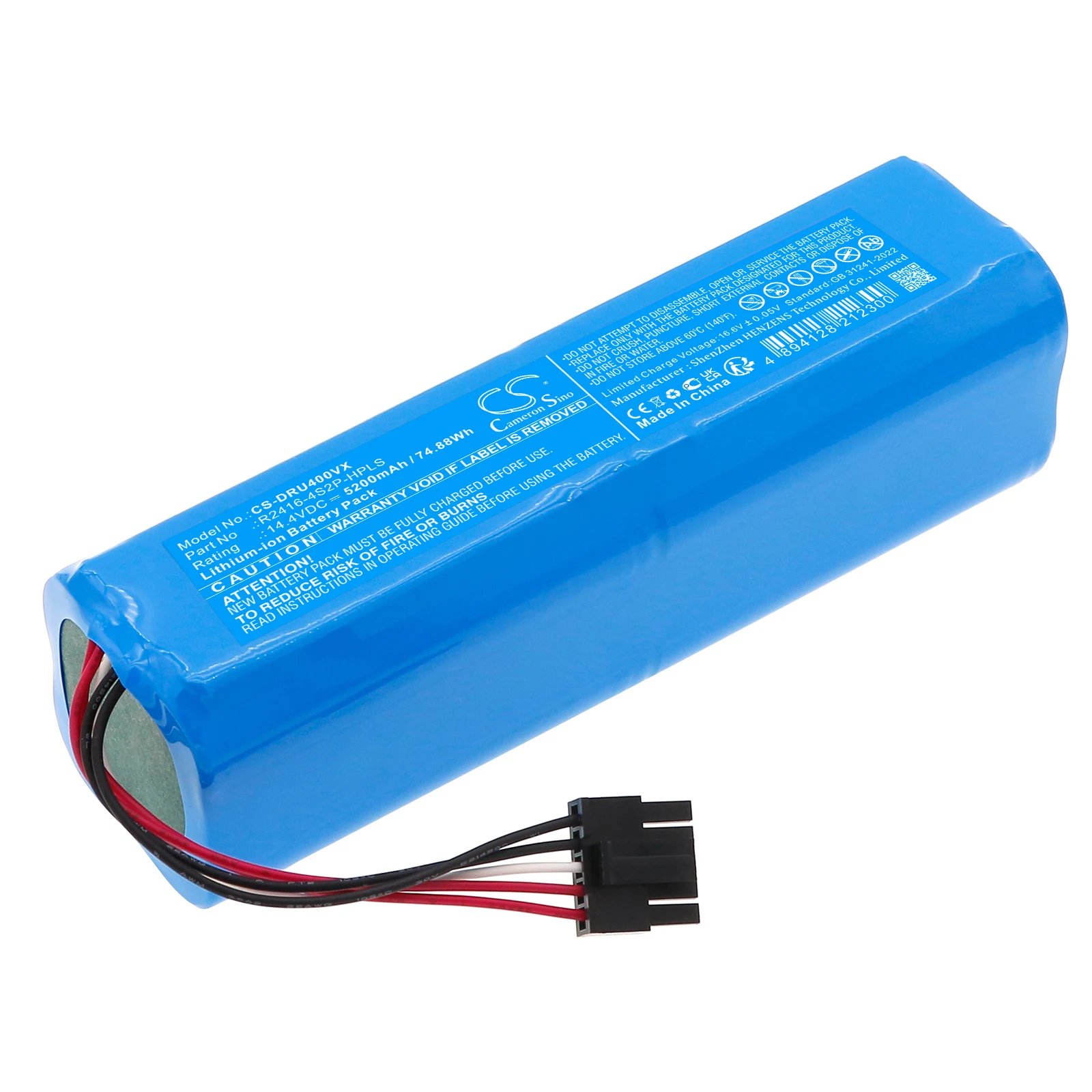 

Сменная батарея CS для Dreame Bot X30 Ultra, D10s Plus, L30 Ultra, RCXE0307, RLX56CE, RLX, артикул: R2416-4S2P-HPLS, 5200 мАч / 74.88 Вт·ч