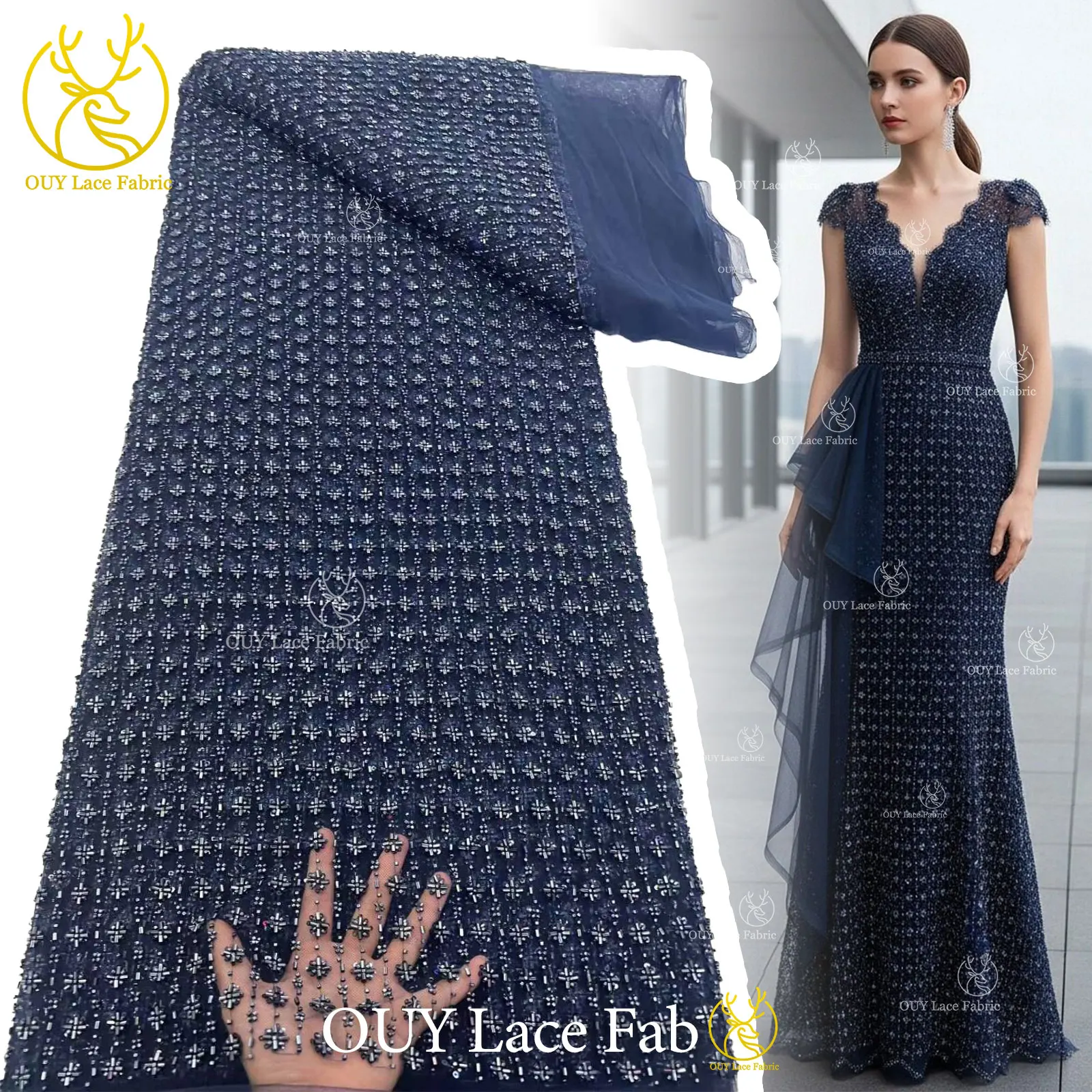 

2026 Africa Handmade Beaded Lace Fabric Latest French Mesh Sequin Lace Fabric Nigeria Tulle Lace Ladies Party Dress Material