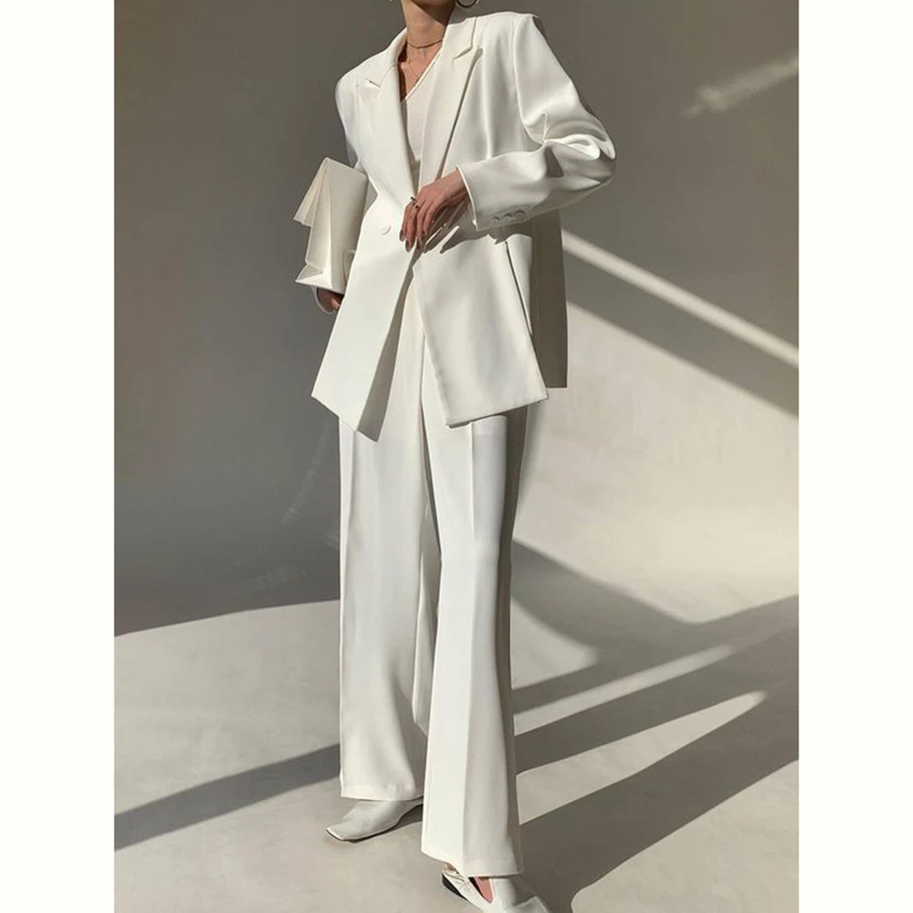 Pretty White Women Suit Single Breasted Notch Lapel 2 Piece Jacket Pants Blazer Set Pretty Offcie Lady Slim Fit Female Clothing