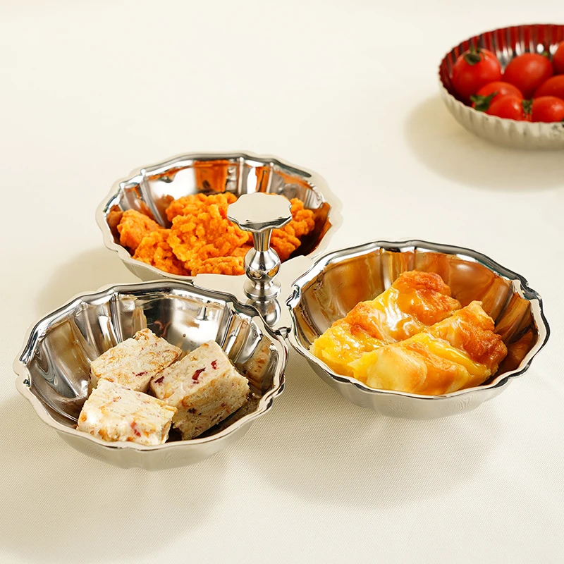 Stainless Steel 3-compartment Serving Bowl Round Snack Dish Side Plates for Serving Appetizer Pickle Toppings Condiments