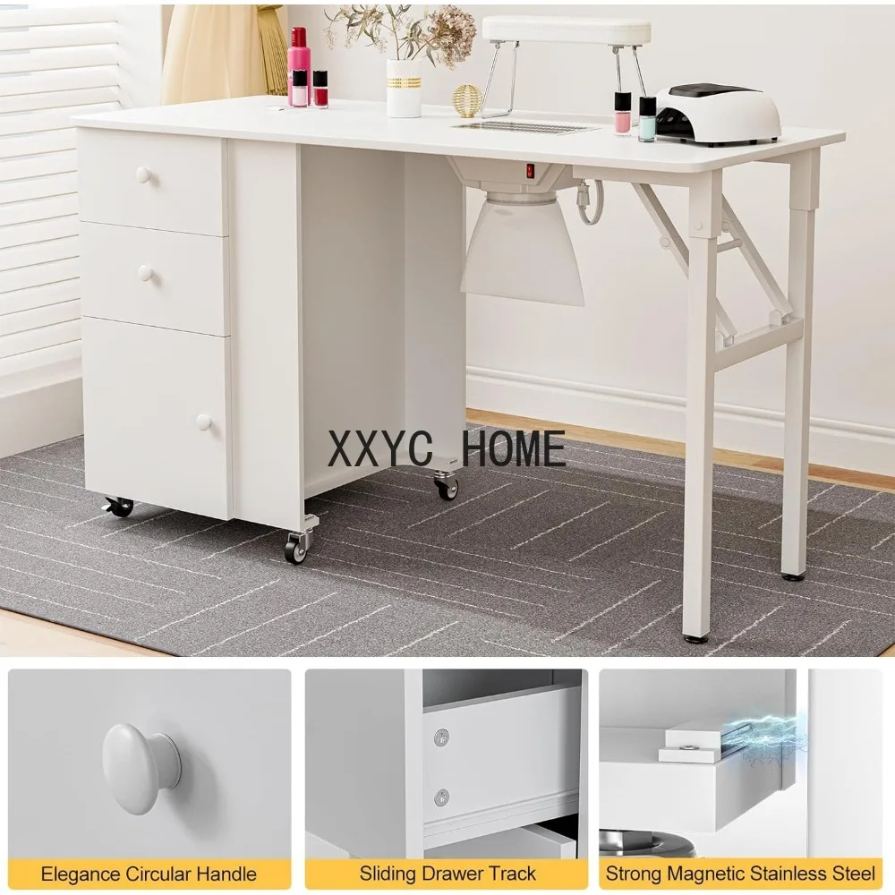 Paddie Foldable Manicure Table Nail Desk, Foldable Rolling Nail Table Station with Built-in Dust Collector, Adjustable Length