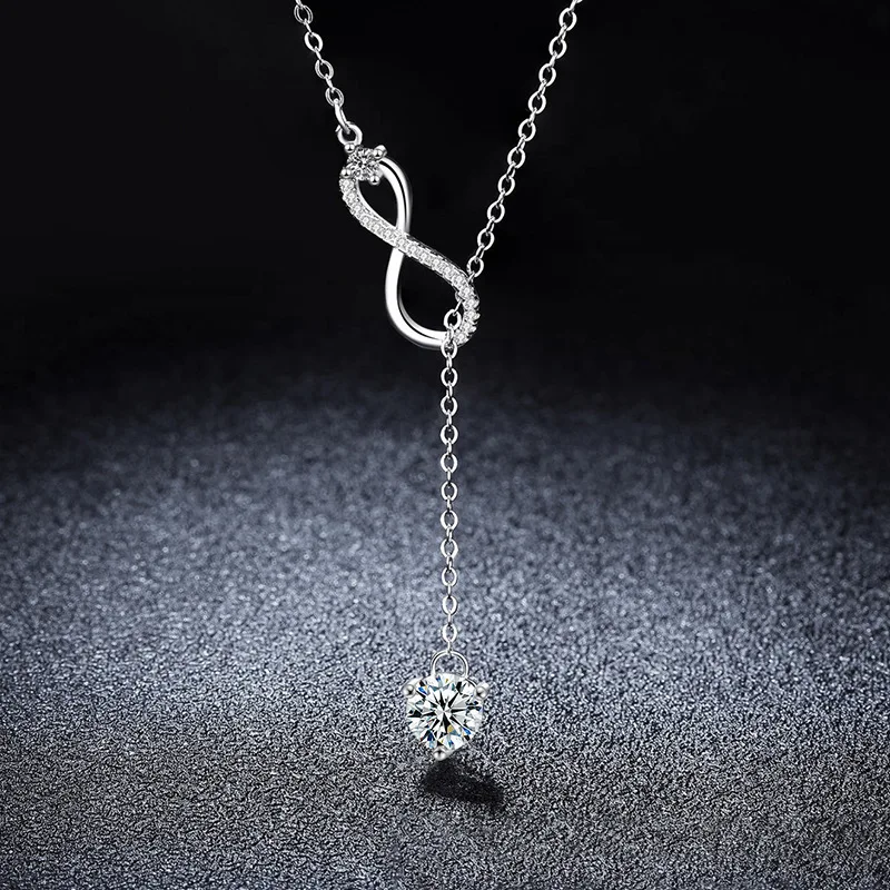 S925 Silver White Gold Plated 1CT D Color Infinity Symbol with Tassel Moissanite Pendant Necklace for Women