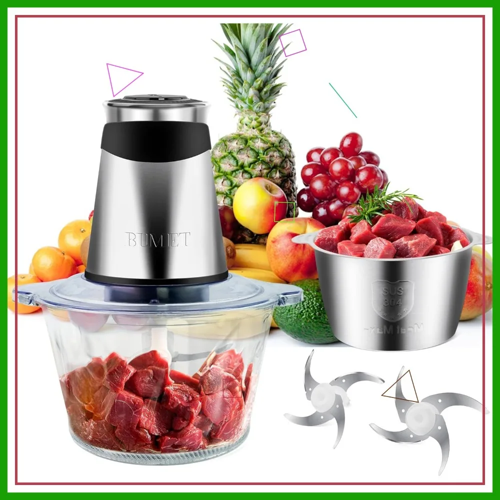 

500W Electric Food Processor with 2 Bowls and 4 Blades, Ideal for Chopping Vegetables and Meat at Home