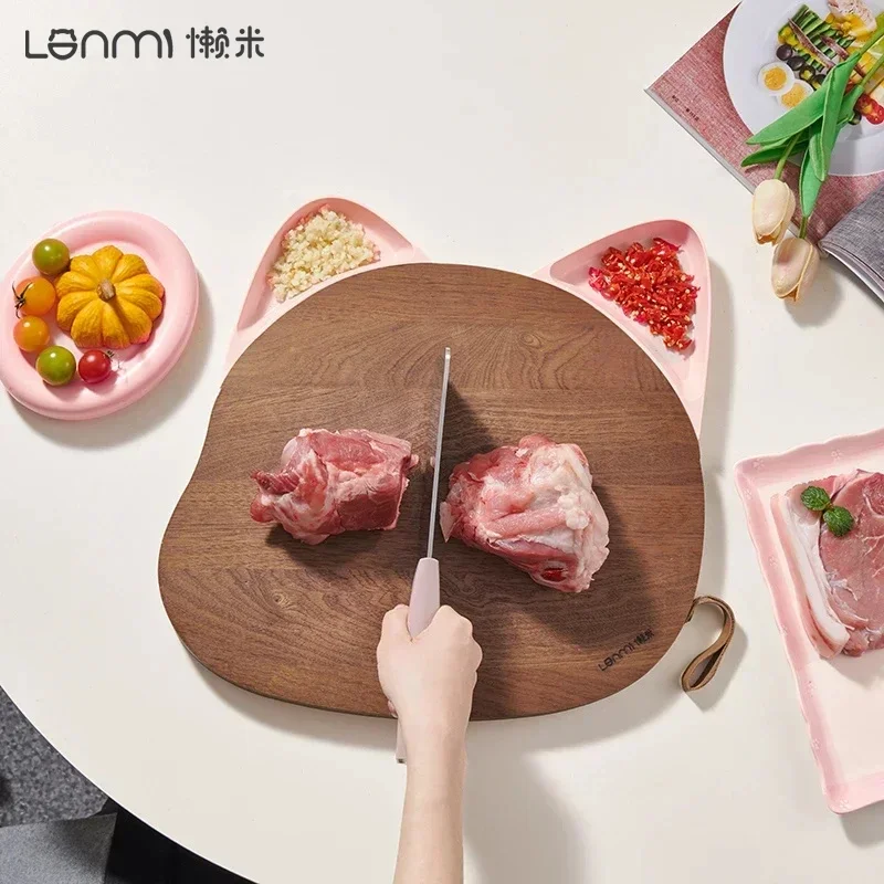 

LANMI Ebony Chopping Board Anti-mold Cutting Board with Detachable Cat Ear Storage Tray Thickened Cutting Board for Meat/Fruit