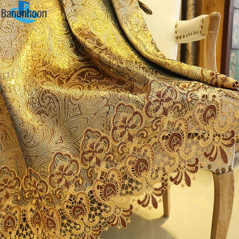 European and American Style Royal Curtains for Living Room Window Luxury Gold Water-soluble Embroidered Curtain Fabric