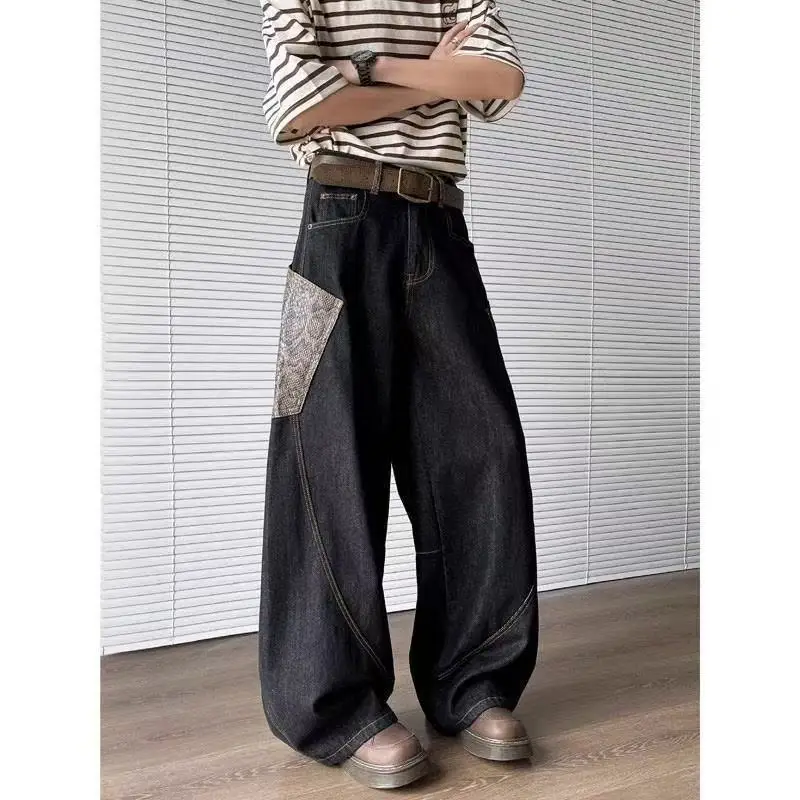

Retro American Python Print Patchwork Jeans Men's Trendy High Street Loose Straight Leg Knife Wide Leg Pants Winter Season