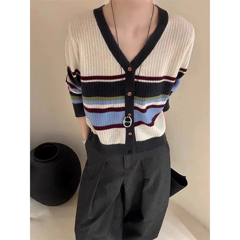 

Осень/зима 2022, новый женский кардиган, 100% чистая шерсть, вязаное женское пальто с v-образным вырезом, мягкий полосатый женский кардиган, топ