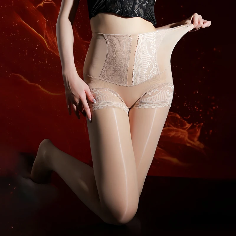 Large Size Two-In-One Lace Panties With Oil Shiny Stockings Women Sexy High Waist Shaping Pantyhose Tummy Control Shapewear
