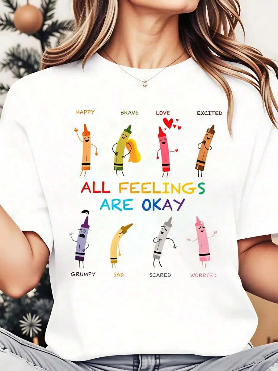 2026 New Women Crayon Emotions All Feelings Are Okay Graphic Print T Shirt Funny Vintage Loose Breathable Summer Casual Outfit Basic Top T Shirt