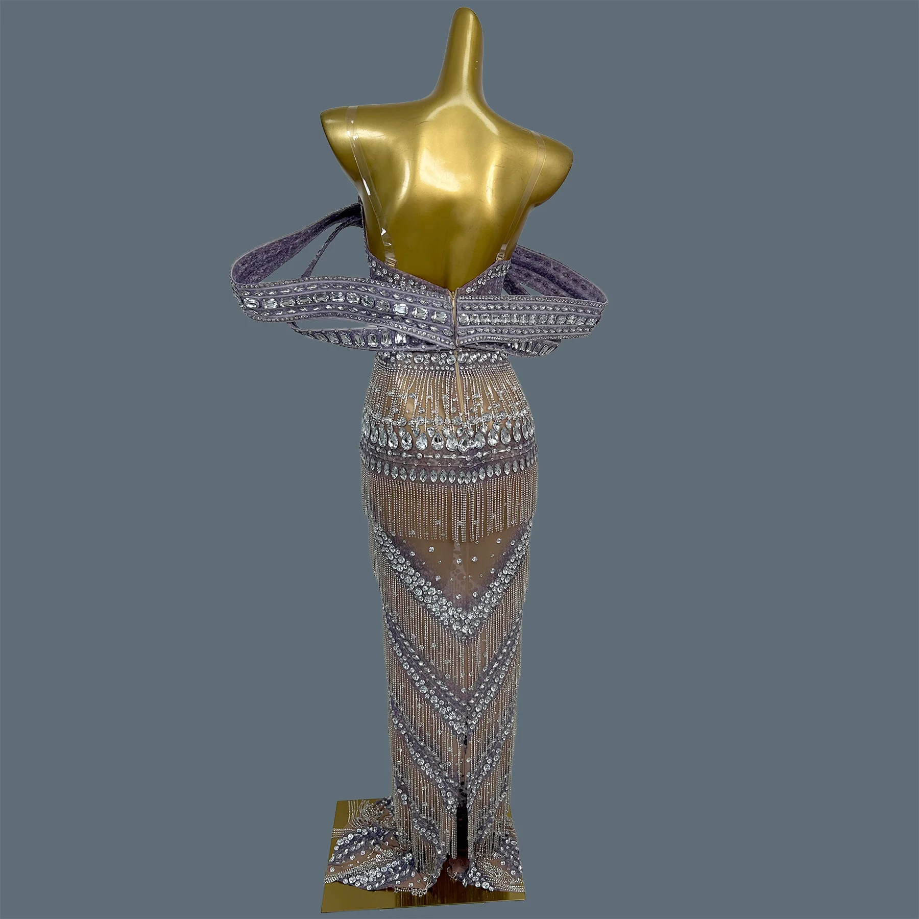 Unique Design Crystals Tassel Long Dress Women Club Celebrate Prom Sexy Evening Gown Gala Sparkly Rhinestone Dress Midiexiang