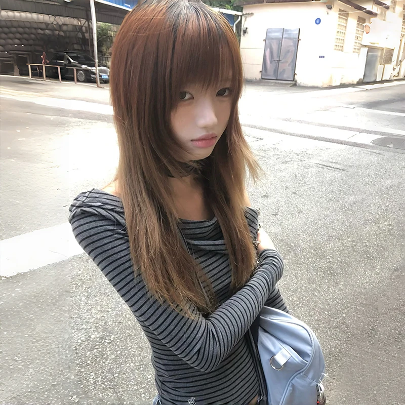 Karrram اليابانية Y2k قبالة الكتف محبوك القمم 2000s نمط كم طويل تي شيرت مخطط مع وشاح خمر Harajuku تريكو 90s #6