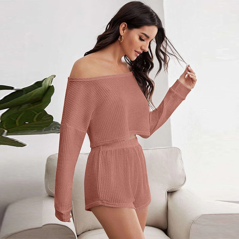 2024 Women\'s Summer Pajamas Two-piece Set One Shoulder Long Sleeve Short Top Elastic Waist Shorts Suit Casual Home Wear Suit