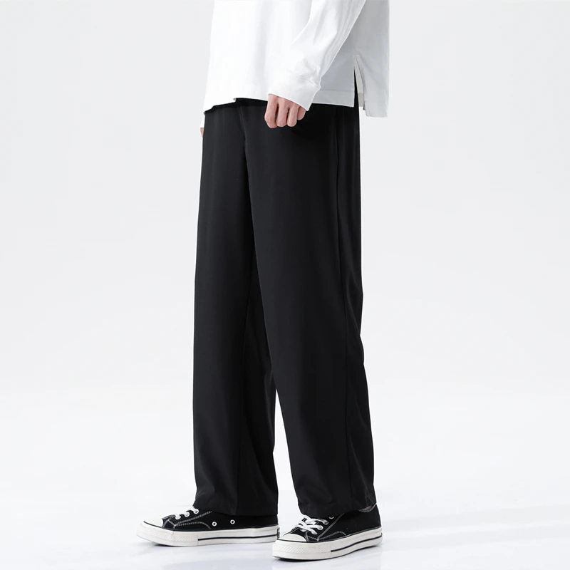 

Summer New Business Ice Silk Pants Straight Elastic Waist Black Gray Trousers Breathable Simple Quick Drying Casual Suit Pants