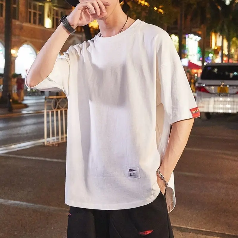 

2024 New Summer Minimalist Versatile Japanese Retro Solid Color Mid Sleeved Trendy Brand Round Neck Oversized T-shirt for Men