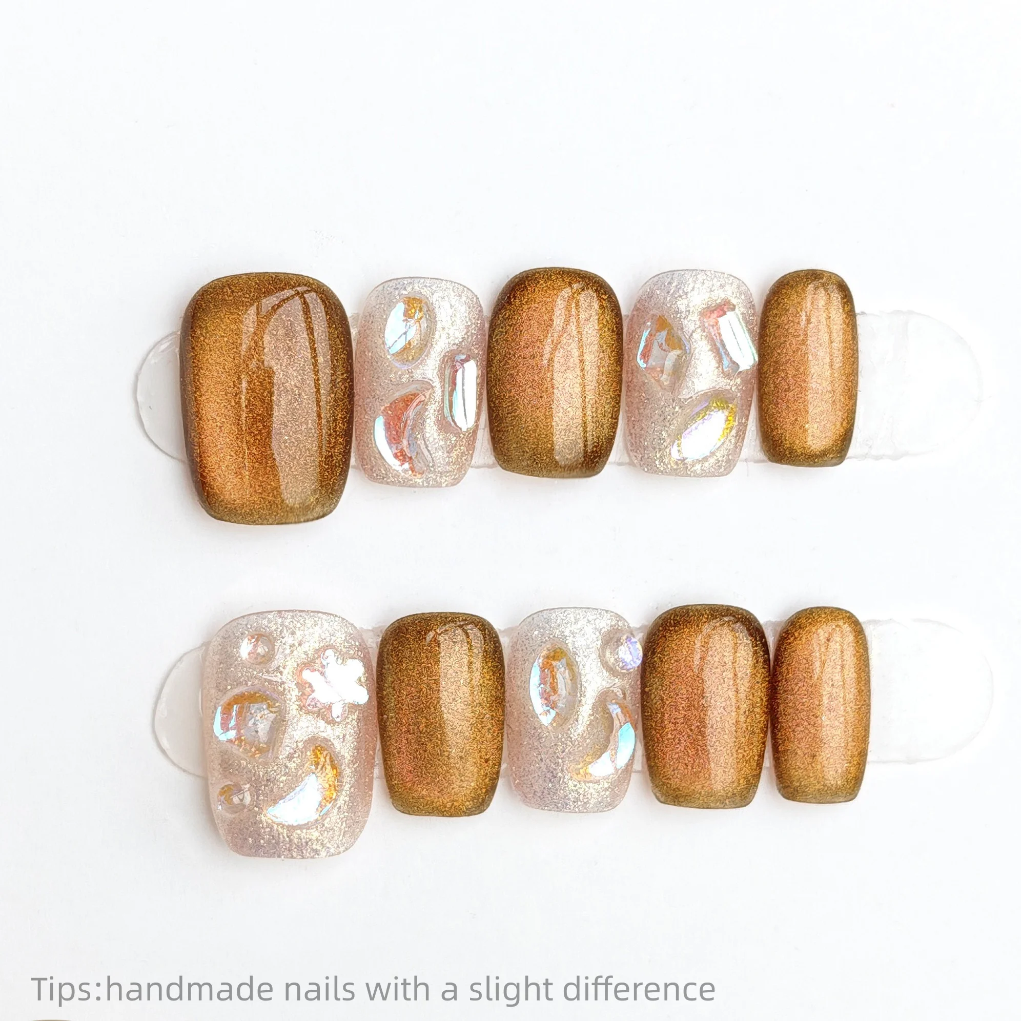 

10pcs Handmade Gold Brown Iridescent Rhinestone Press on Nails Square Short Wearable Reusable Shiny False Nails 2026