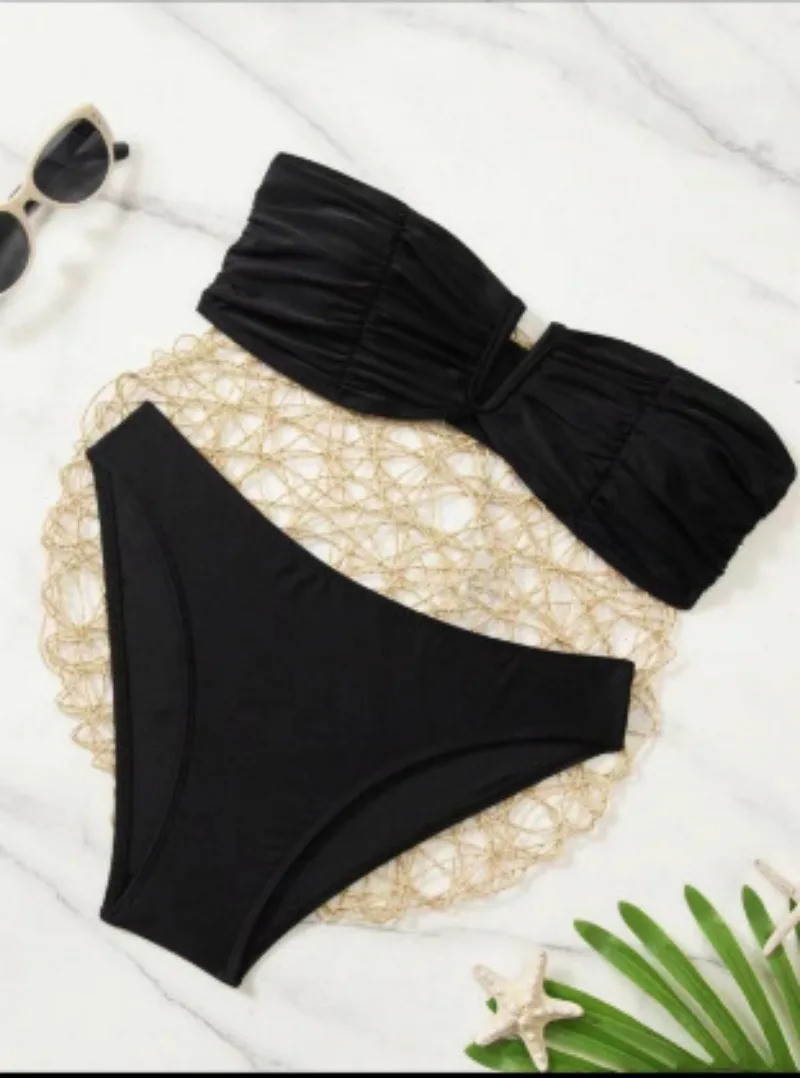 sexy black wrinkled bandeau bikinis sets two pieces swimsuits high waist beachwear bathing suit swimwear biquini beach outfits