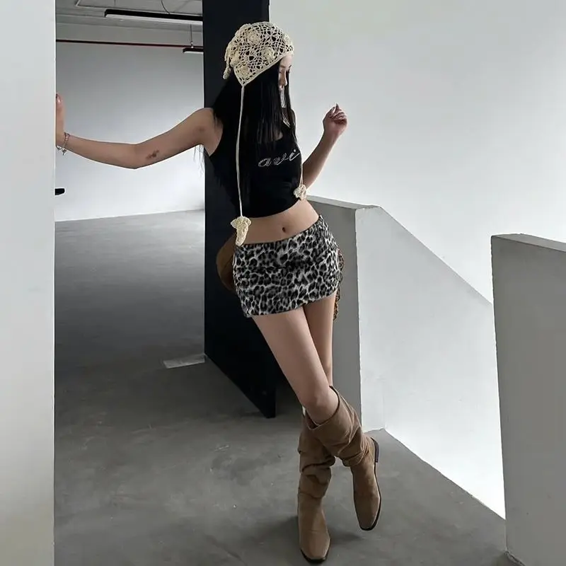 Rue Sexy américain rétro imprimé léopard taille basse jupe femmes Y2k bout à bout Wrap Mini jupe