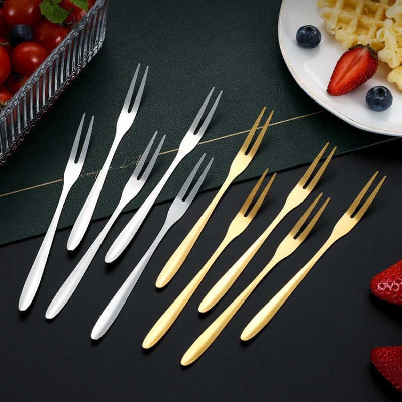 Fruit Fork Stainless Steel Two-toothed Fork Snack Cake Dessert Forks Tableware Home Party Food Picks Kitchen Accessories