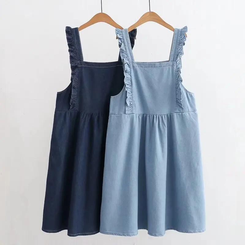 

Girl's Denim Camisole Dress New Mid Length Camisole Dress with Wooden Ear Edge Dress