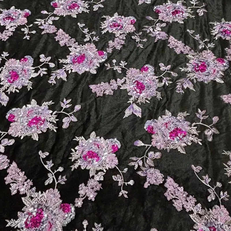 Sequin Embroidered Velvet Fabric Black Purple Exquisite Floral Premium Soft Drapey for Evening Dress DIY Sewing Accessories