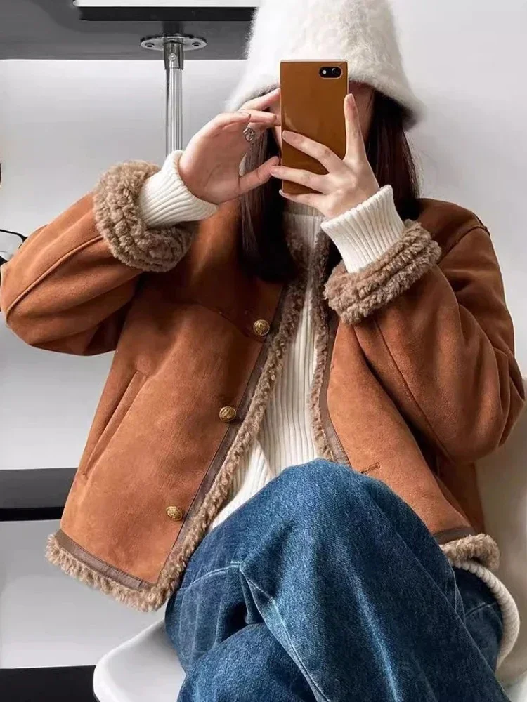 2025年 レディース ラムウール パッチワークコート 冬服 シングルブレスト 厚手 アウター ファッション 暖かい Oネック ジャケット