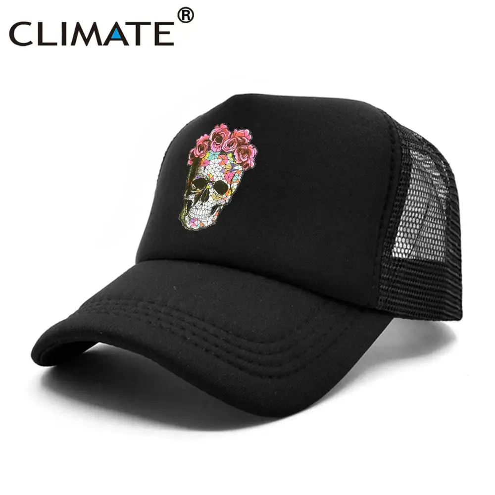 Berretto da camionista scheletro fiore clima berretto da osso teschio freddo berretti da Baseball HipHop cappello estivo a rete nera per uomo