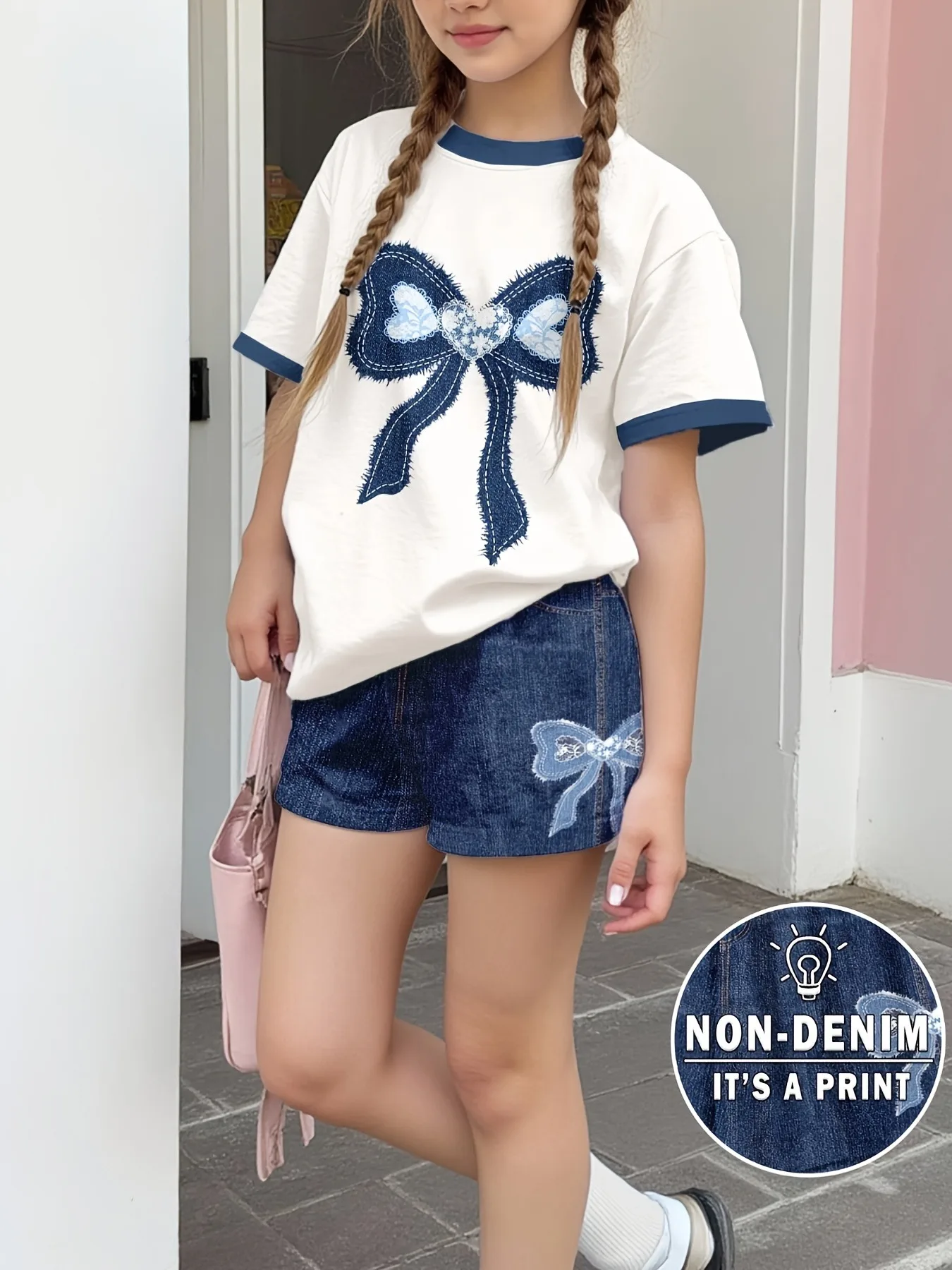 Breathable Kids Girls Two Piece Summer Suit, Large Bow Pattern Color Block T-shirt & Imitation Denim Print Shorts for School Wea