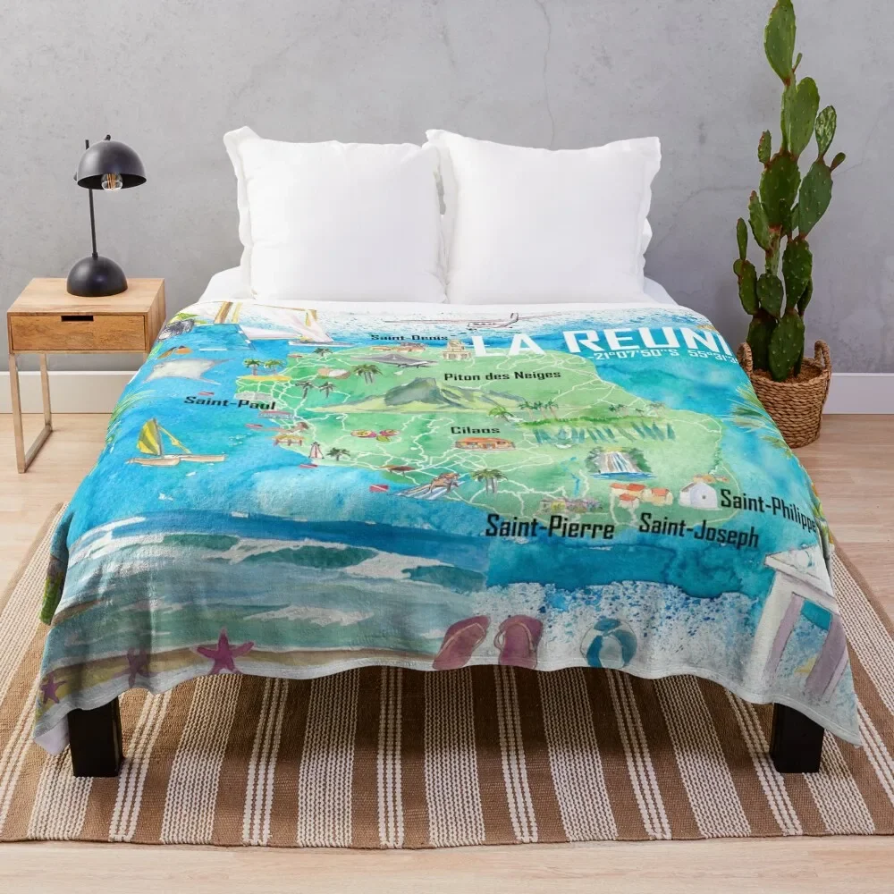 

La Reunion Illustrated Island Travel Map with Tourist Highlights Throw Blanket Fashion Sofas Flannels Blankets