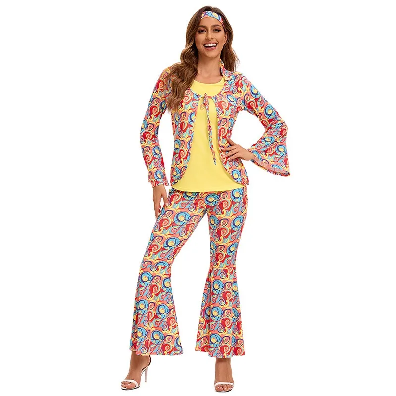 Carnival Cosplay Costume Couple Retro 70S Top Pants Two Piece Set Holiday Theme Party Role Playing Outfits for Adult Women Men - view 3