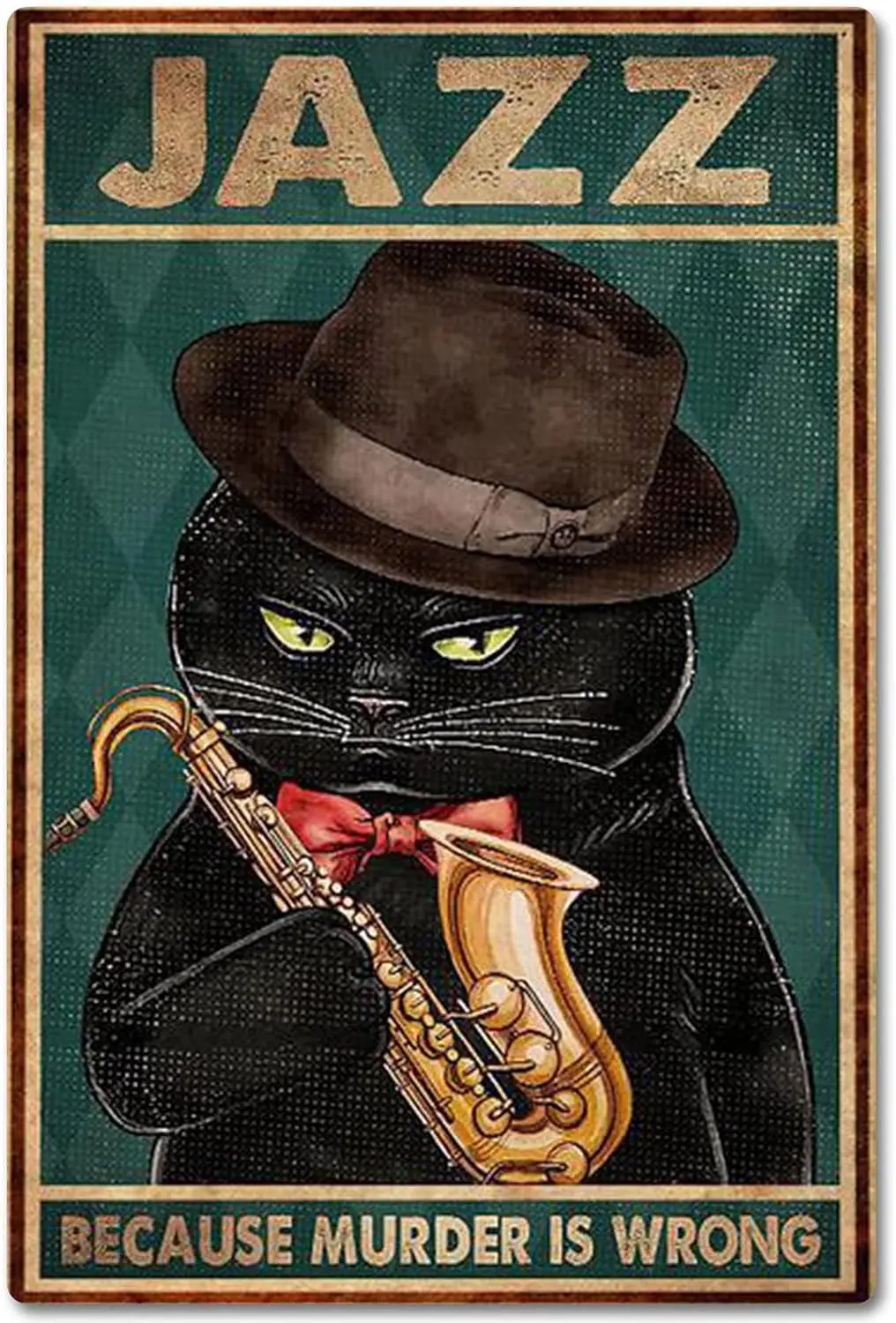 Cat Music Retro Poster,Metal Tin Sign Of Cat Playing The Clarinet Style,Vintage Coffee and Bar Wall Art Decor Aluminum Pain sign
