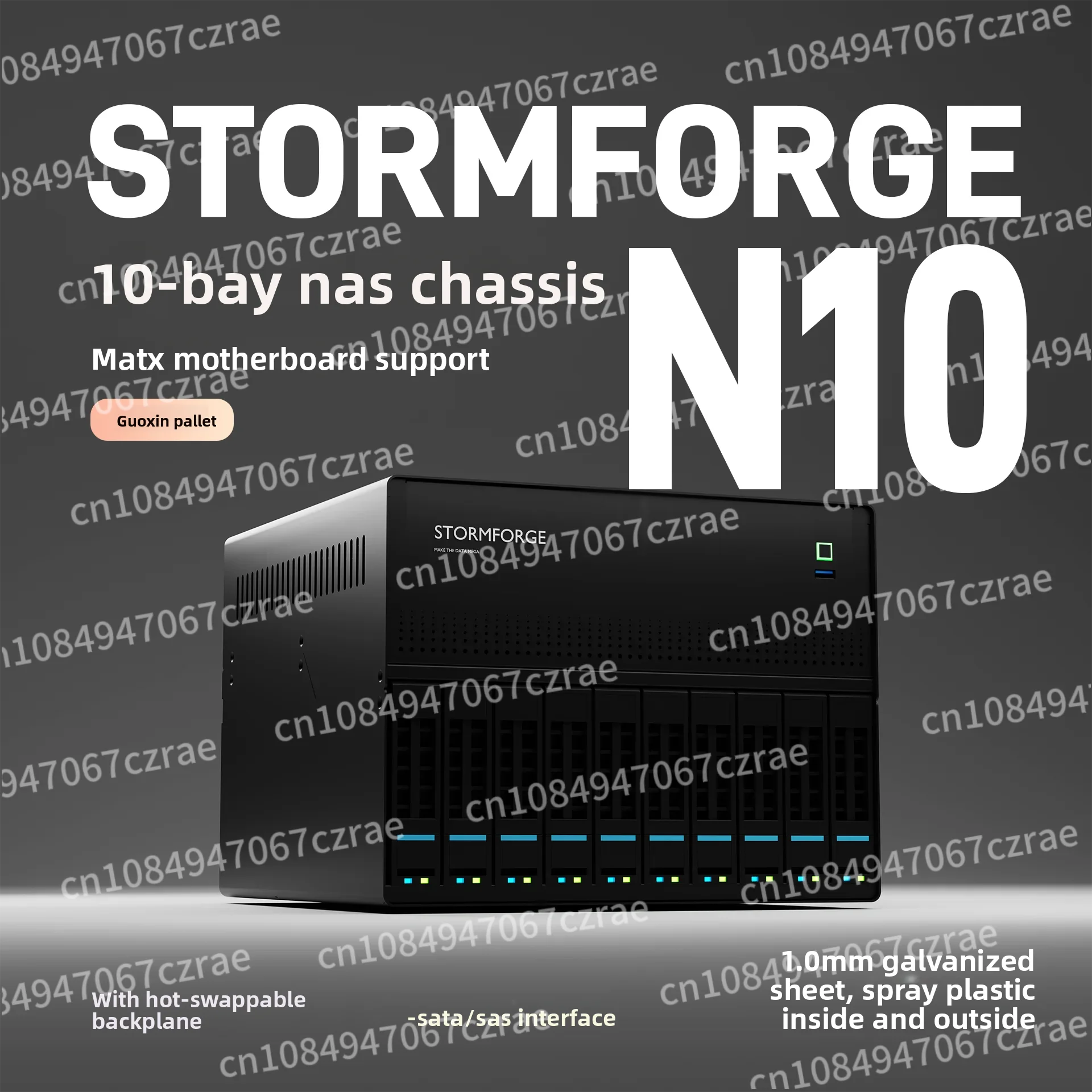 N10 NAS chassis 10 + 2 disk slots MAITX mainboard black group, Flying Bull PCI-E 1U power supply (tray not included)