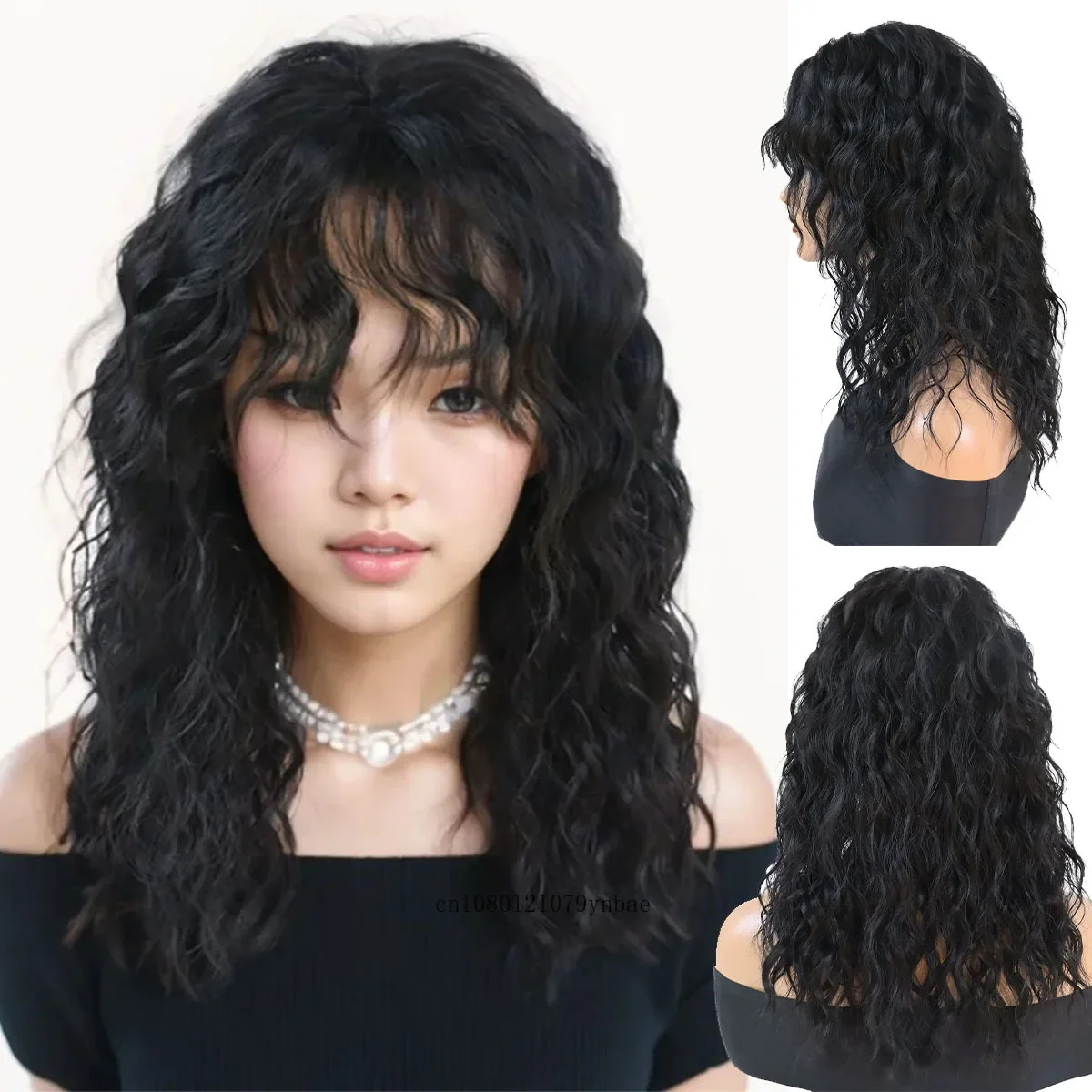 Peruca de cabelo sintético ondulado longo com Franja para mulheres, fofo, macio, encaracolado, preto, afro, diário, fantasia de festa, resistente ao calor