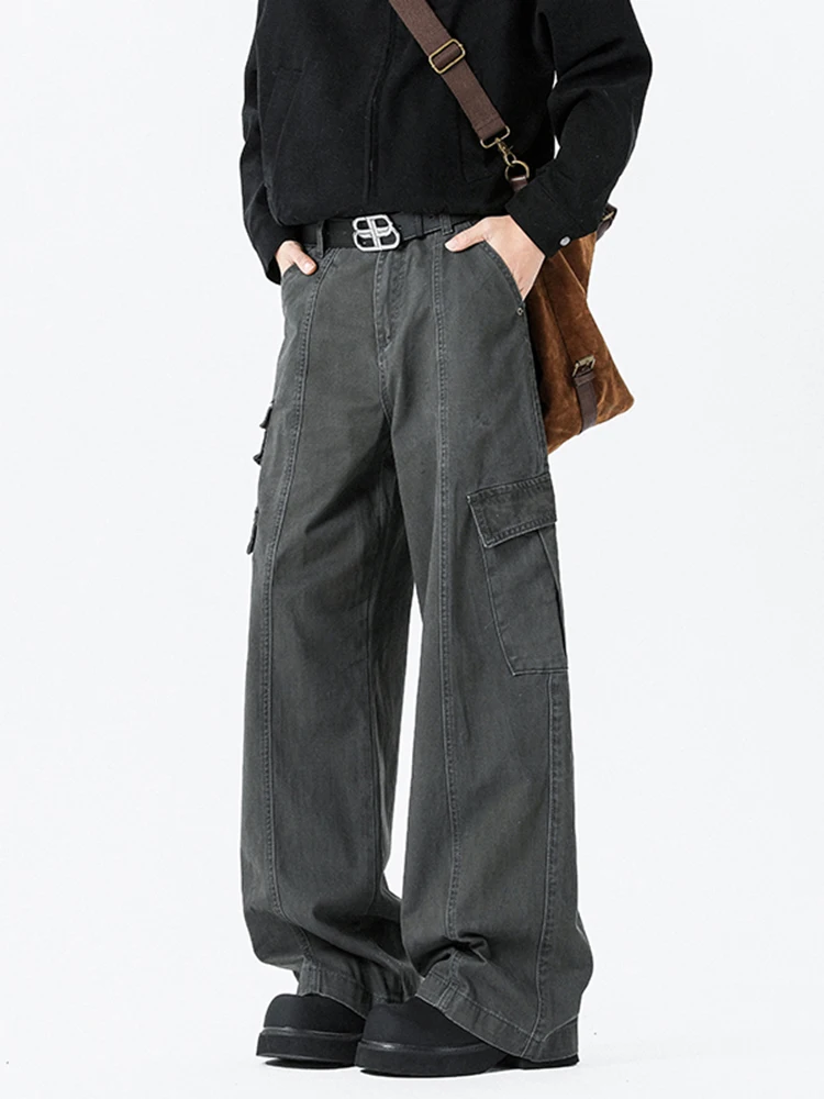 

Retro American Waed Multi-ket Work Pants Men's Trendy Loose Straight Leg Wide Leg Pants Cotton Casual Trousers