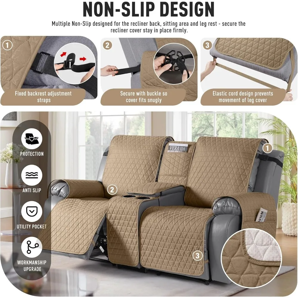 Capa reclinável de loveseat à prova d'água com console, protetor de móveis lavável antiderrapante para animais de estimação e crianças