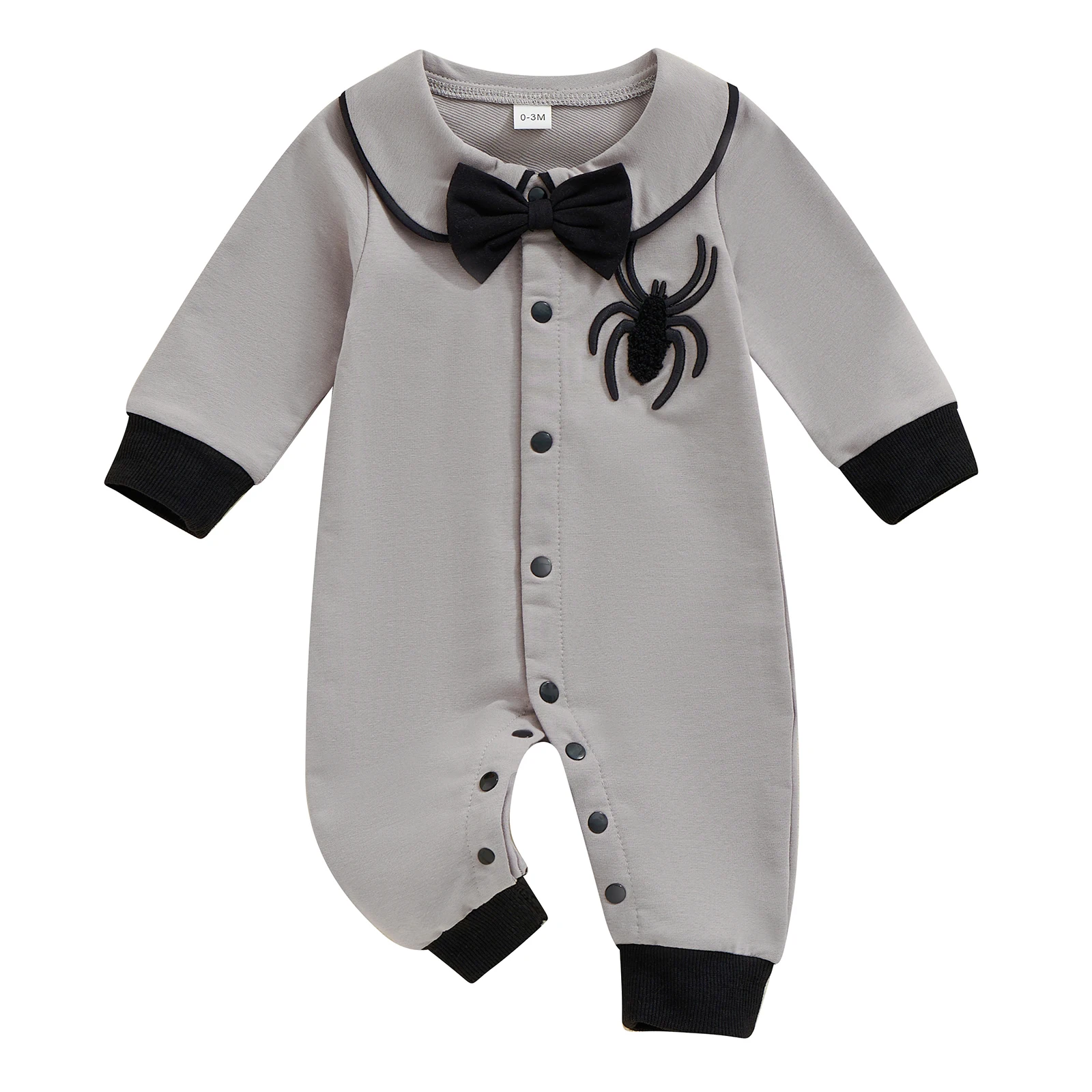 

Baby Boy Halloween Romper Spider Embroidered Bow Tie Long Sleeve Lapel Neck Button-up Fall Jumpsuits