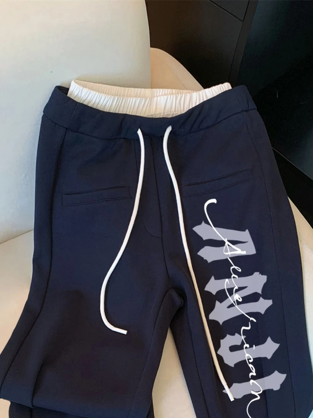 العلامة التجارية العصرية السراويل اللون بلو الخصر Dstring فضفاض واسعة الساق الجينز للرجال والنساء ربيع الخريف Faion التخسيس #3