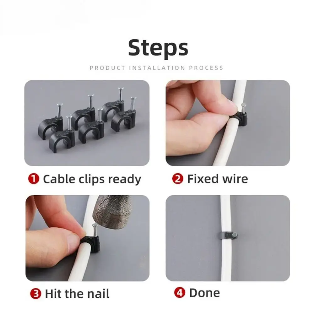 100Pcs/Set 4-16mm Round Cable Wire Clips Plastic Metal Black Cable Tacks Steel Nails Wall Mountable Cord Holder Clips