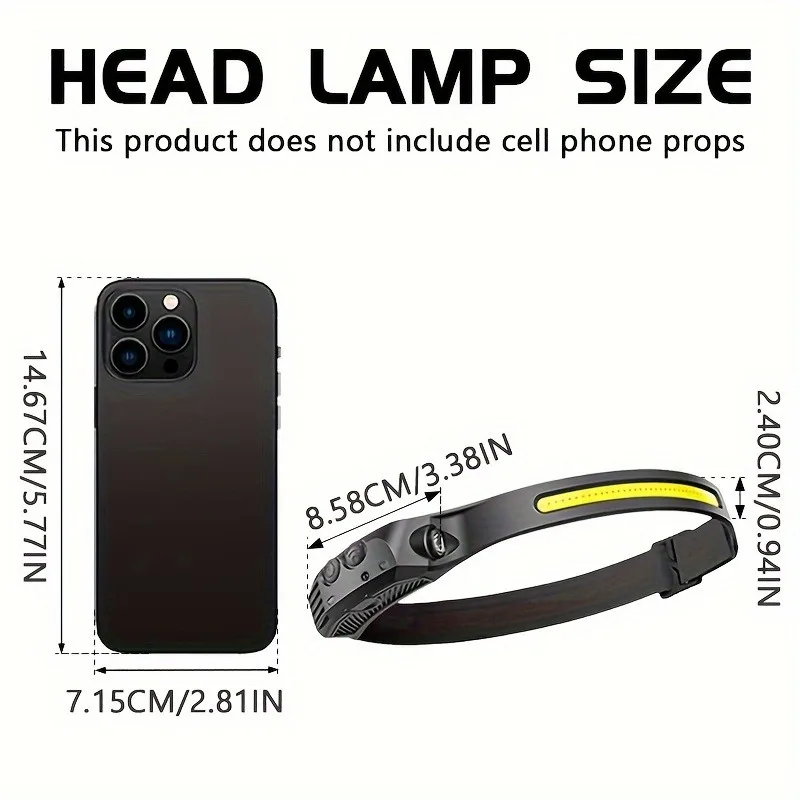 ไฟฉายคาดศีรษะแบบ COB LED พร้อมเซ็นเซอร์ ไฟฉายหน้าแบบเหน็บศีรษะ แบตเตอรี่ในตัว ชาร์จ USB ได้ เหมาะสำหรับตั้งแคมป์ ตกปลา กิจกรรมกลางแจ้ง