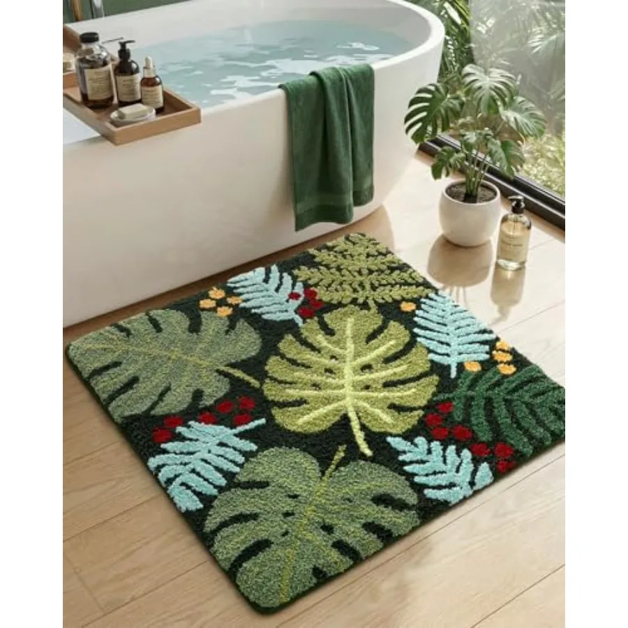 

Коврик для ванной Monstera 31x31 см, квадратный, с зелеными листьями, тропический лесной дизайн, нескользящий, моющийся, впитывающий, мягкий, из микрофибры