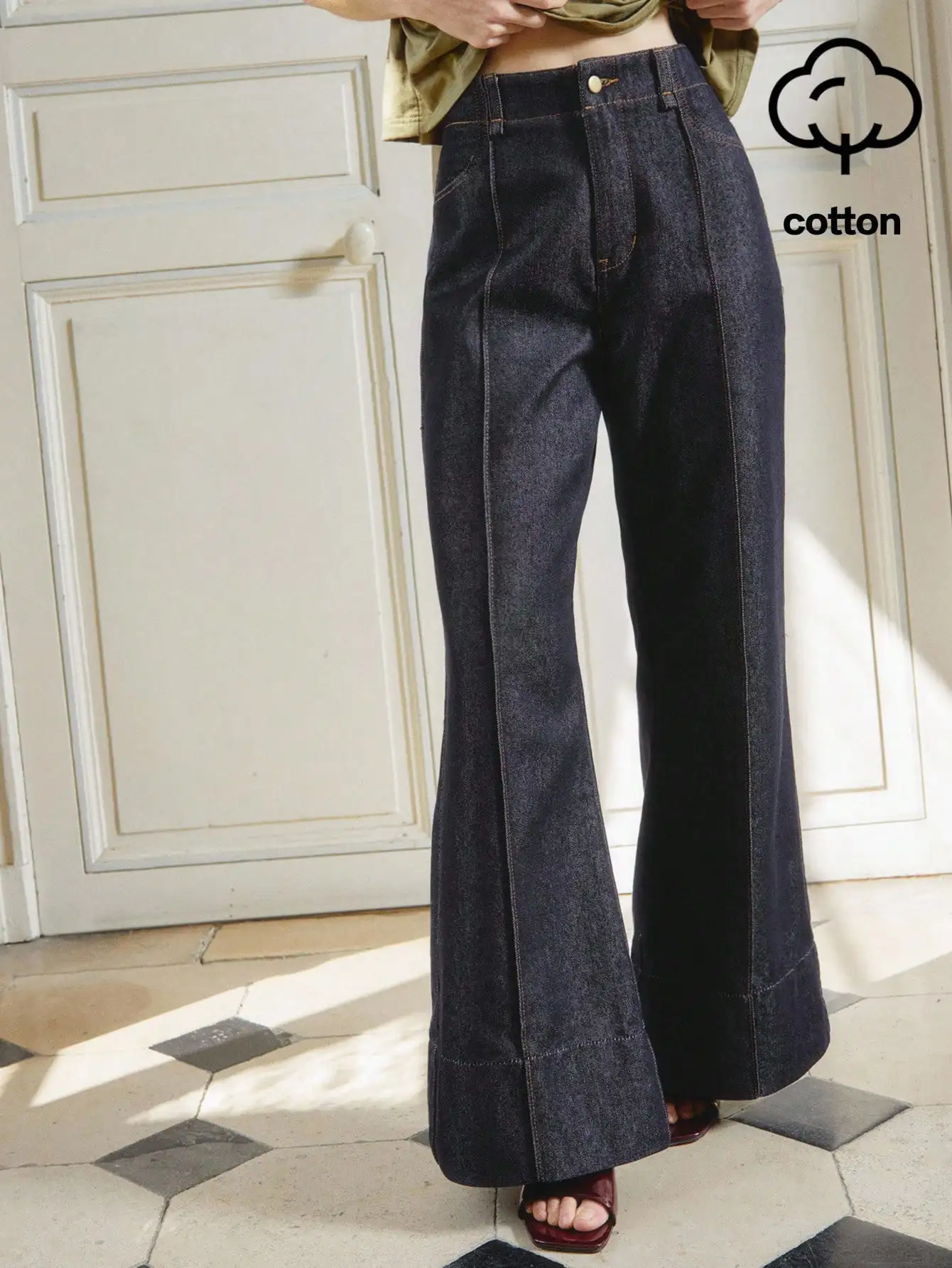 

Women Dark Cotton Denim Flare Jeans With Front Seam Detail High Waist Wide Leg