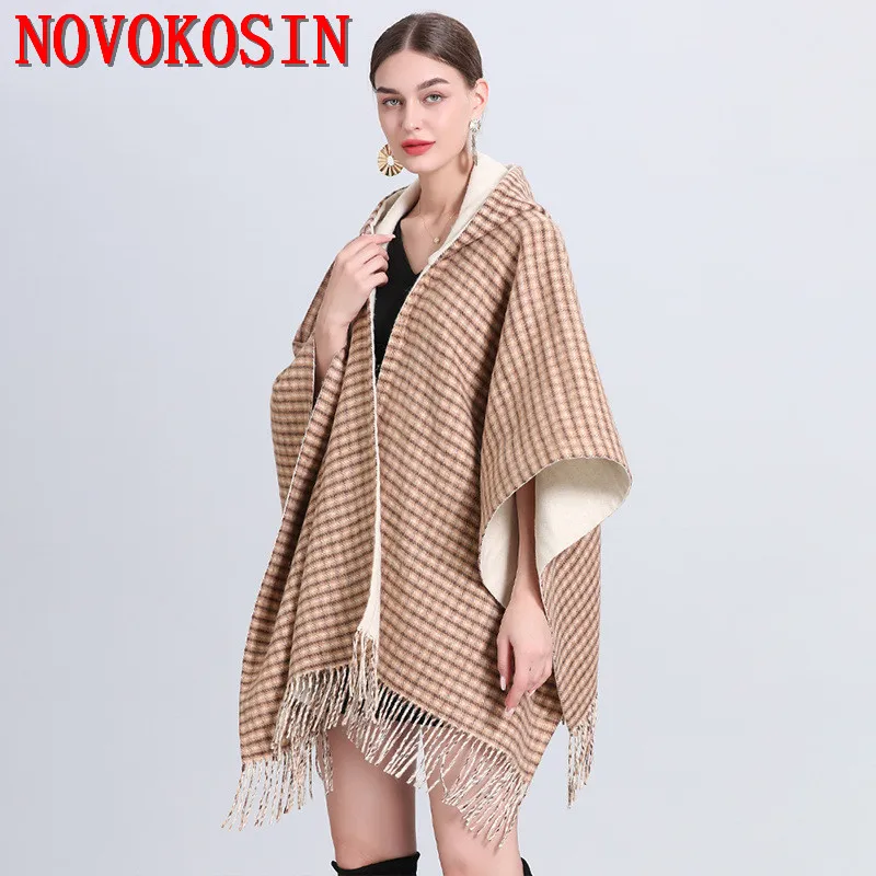 

Double Side Wear Women Faux Woolen Long Cloak Out Streetwear Coat With Hat Split Cape Big Pendulum Striped Cardigan Loose Poncho