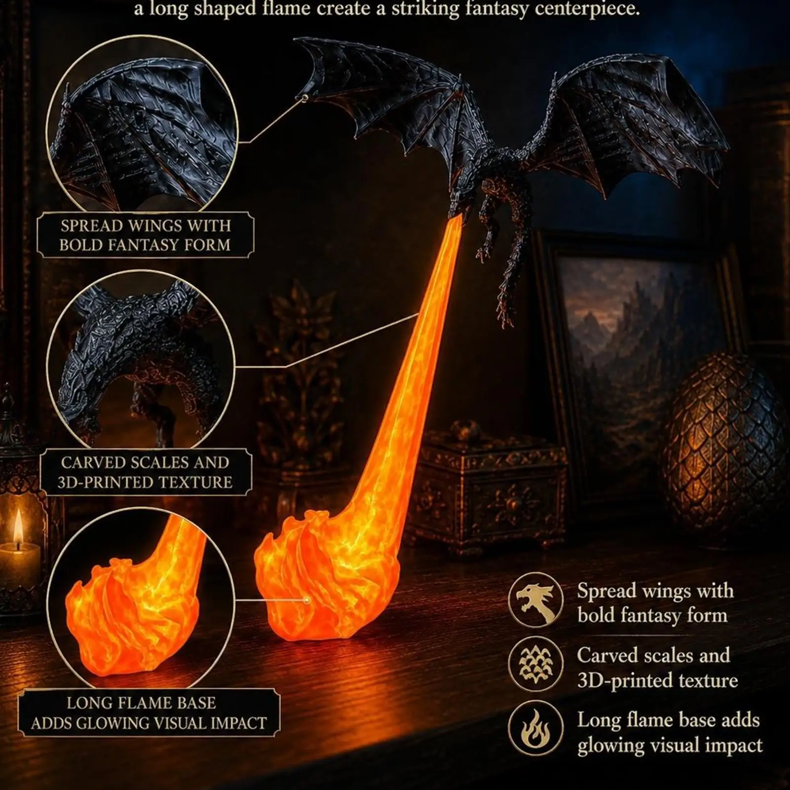3D Printed Fire Breathing Dragon Bookshelf Corner Light Fantasy Bookshelf Decor Flying Dragon With Light Halloween Ornament