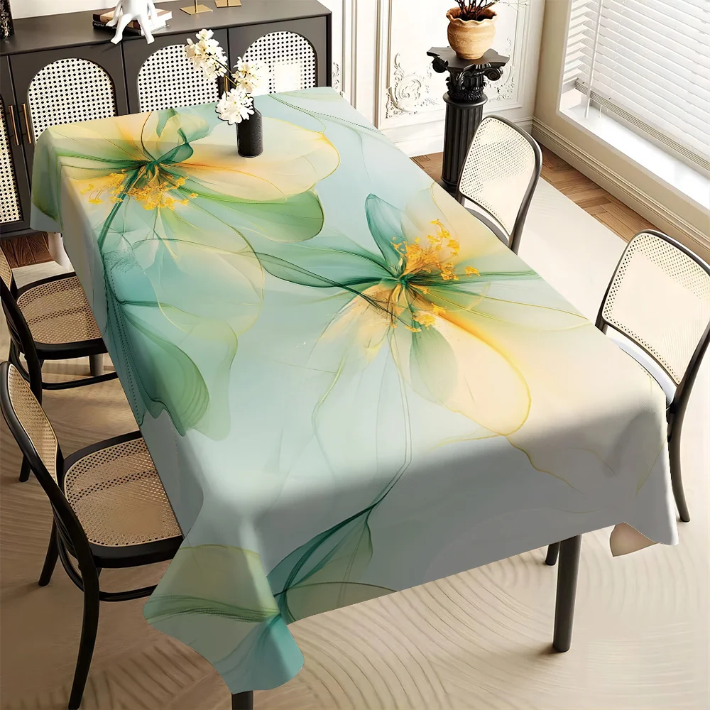 One elegant floral printed tablecloth - a gradient design from light blue to green, featuring yellow flowers