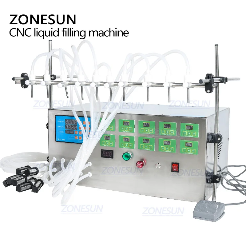 ZONESUN-디지털 컨트롤 펌프, 액체 에센셜 오일 물 주스 Cnc 10 헤드 3-4000ml 충전 기계