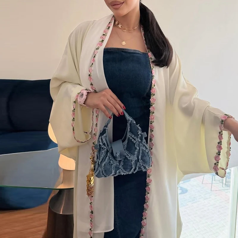 Elegant Long Sleeve Loose Fit Robe Coat Embroidered Lace Patchwork Thin Autumn Cardigan Casual Solid Color Chiffon Women's Shawl
