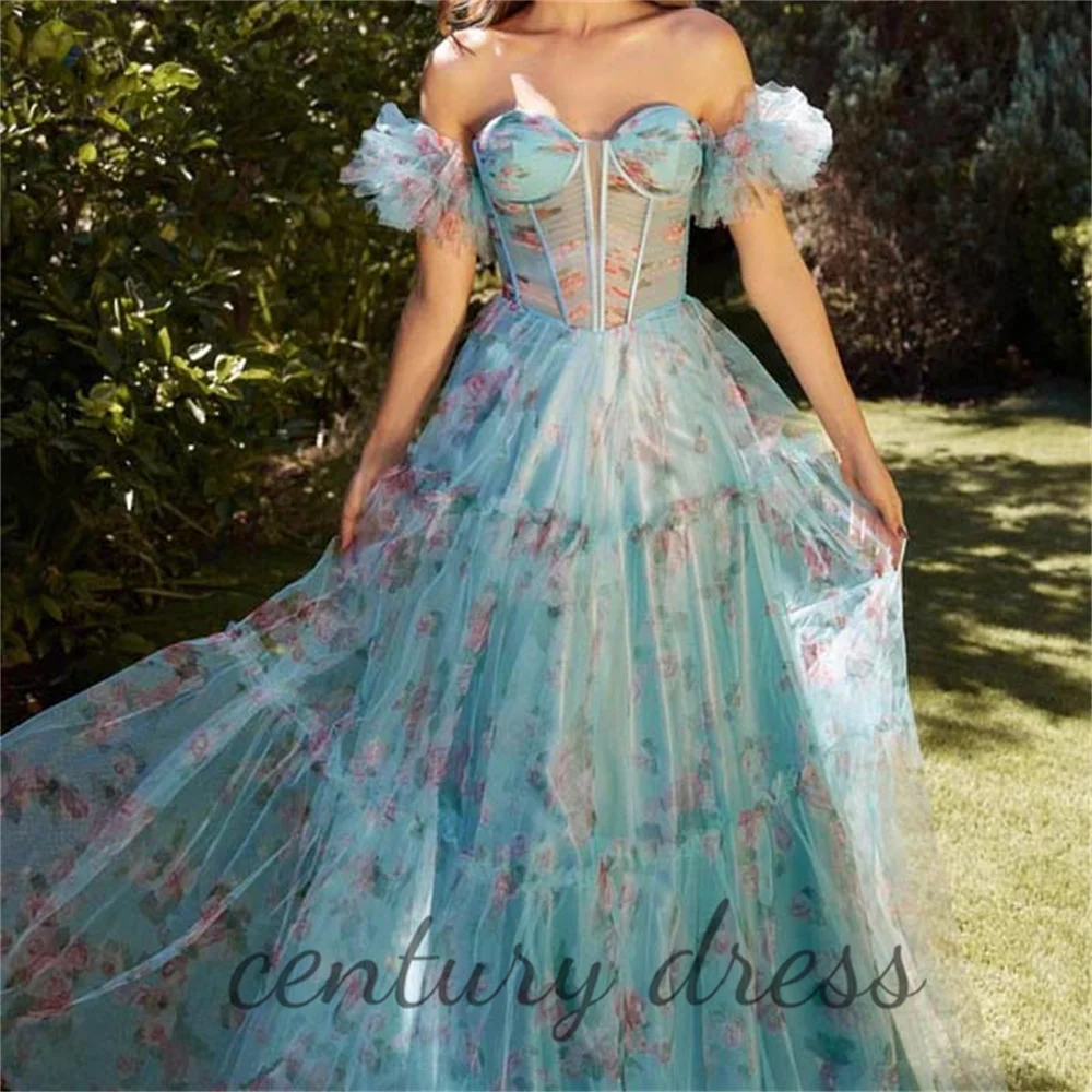 

Century Off The Shoulder A Line Evening Dress Flower Print Charming Prom Dresses Floor-length Party Gown вечернее платье