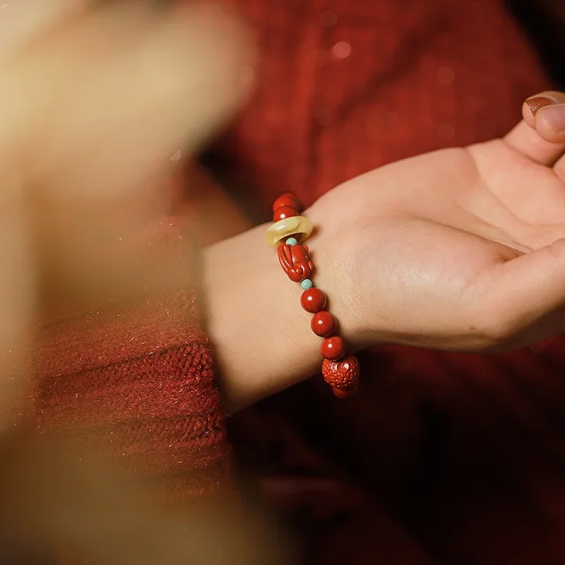 

Natural Cinnabar Red Sand Bracelet Chinese Style Classic Zodiac Rabbit Benmingnian Bracelet Transfer Beads