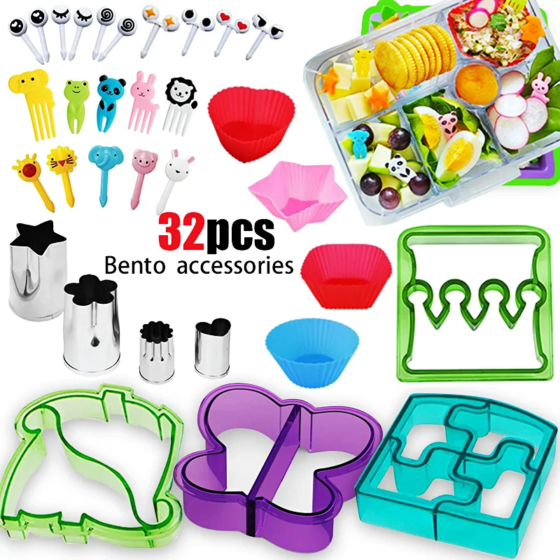 

32pcs Bento Box Accessories Kit Sandwich Cutter Set Bread Cutters Fruit Cutter Animal Picks Rice Ball Maker DIY for Lunch Box