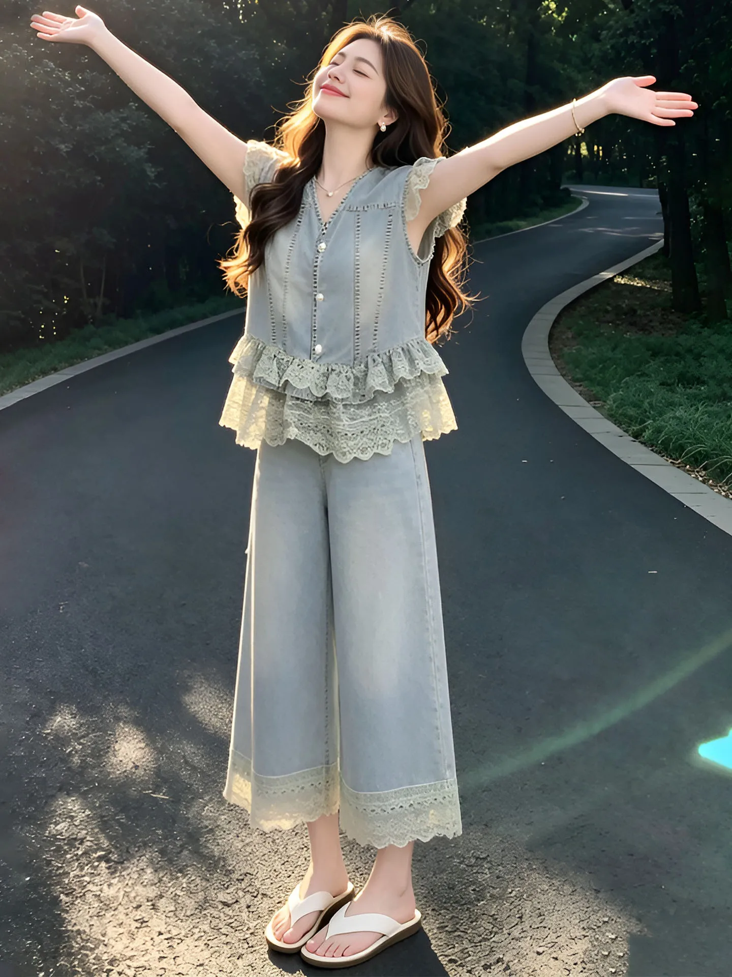 

Women's Lace Trimmed Denim Set V-Neck Tank Top Wide Leg Pants Two-Piece Suit Spring Summer New Style Casual Fashion Ensemble